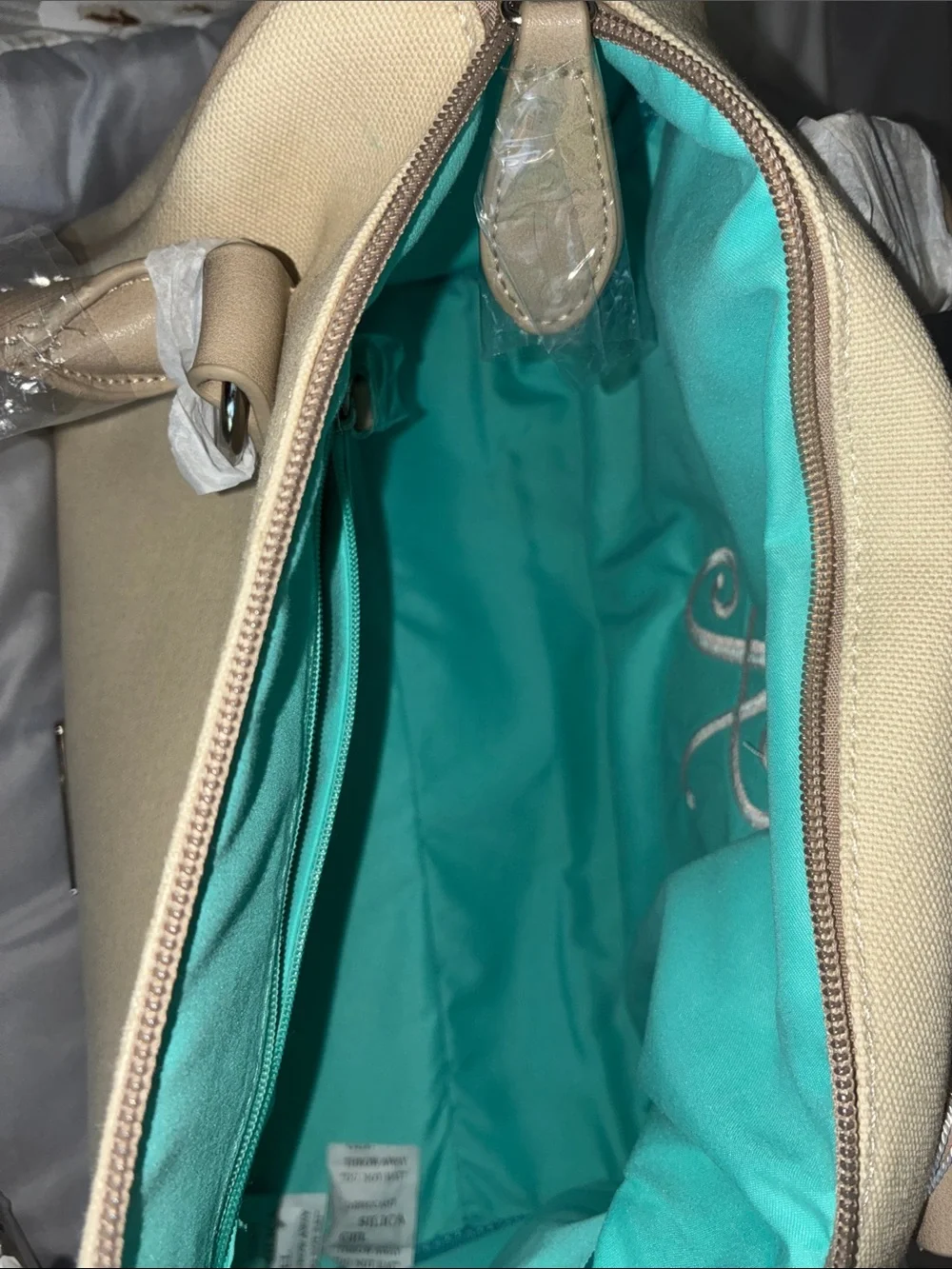Canvas Satchel Handbag in Cream with Pink Monogram